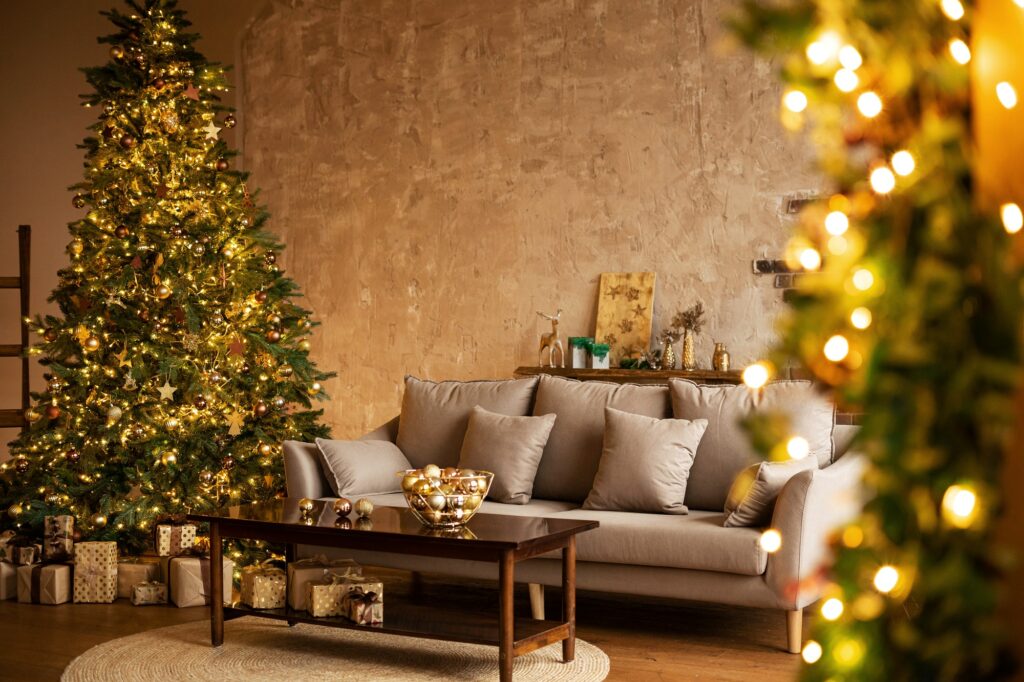 Christmas decor in a loft-style apartment. Large Christmas tree.